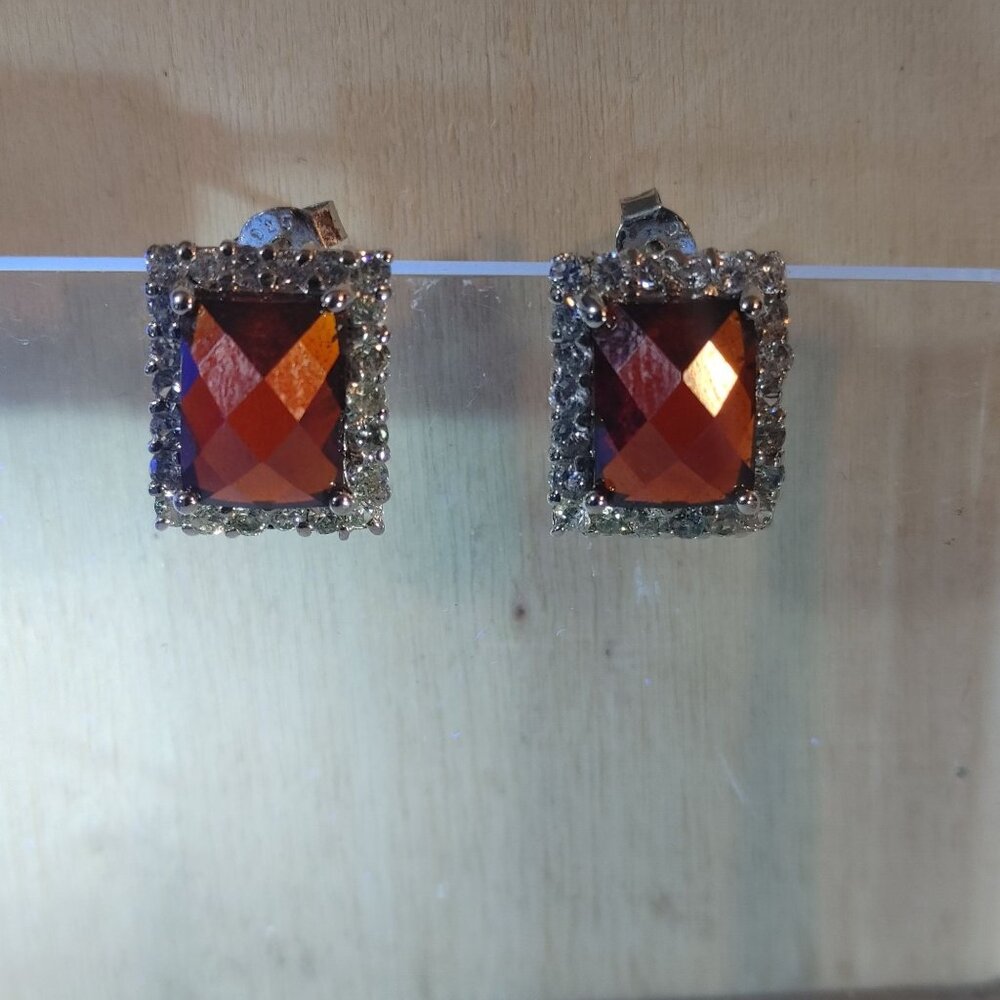 Garnet Earrings Sterling Silver 925 Vintage Square Red Bold Elegant Gemstones - Picture 8 of 9